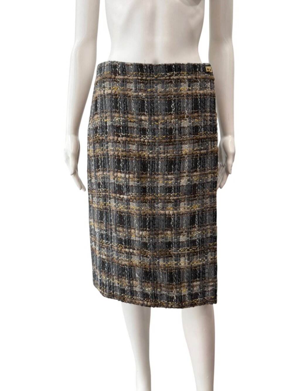 Ferragamo Brown Gray Tweed Plaid Wrap Wool Skirt size 6/IT 42